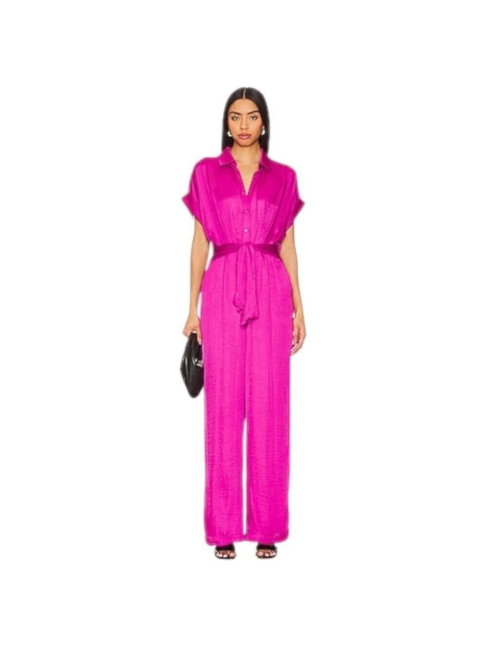 Steve Madden Tori Washed Satin Rolled Sleeve Wide Leg Jumpsuit Sz XS